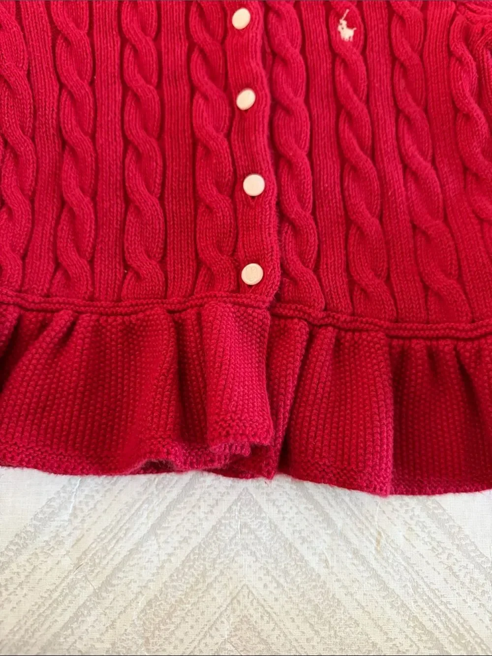 Ralph Lauren Girls Red Cable Knit Peplum Cardigan 3T Cotton Pony Sweater
